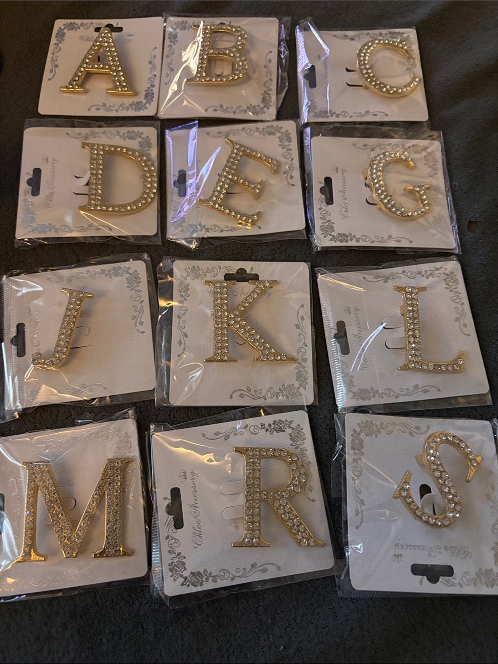 12 PC Gold Crystal Letter Initial Pin Brooch - Multiple Letters